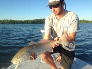 Man holding large fish on boat in sunlight.