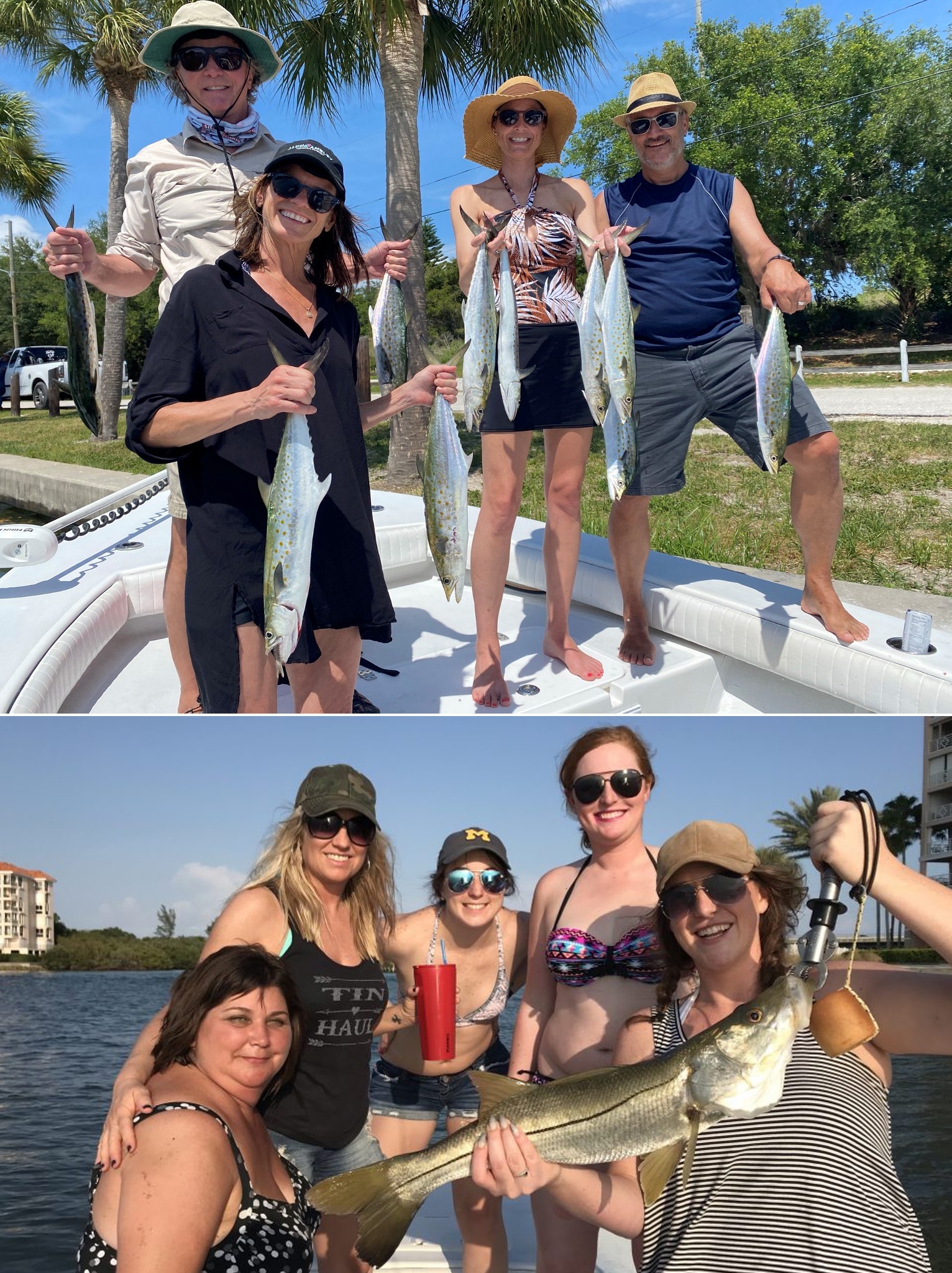 family and friends  holding fish they caught while inshore fishing in tampa bay