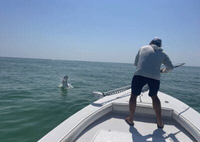 man catching a fighting tarpon